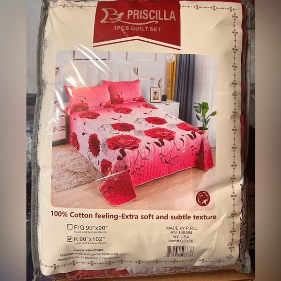 PRISCILLA 3 Pieces New King Pink Floral Quilt Set - Picture 4 of 9